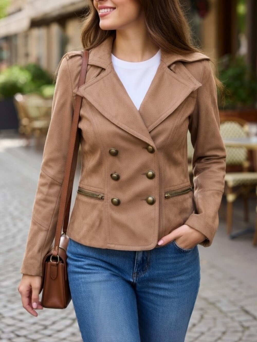 Sandra Augelazzi Tan Double Breasted Wide Collar Light Jacket Blazer Size XS